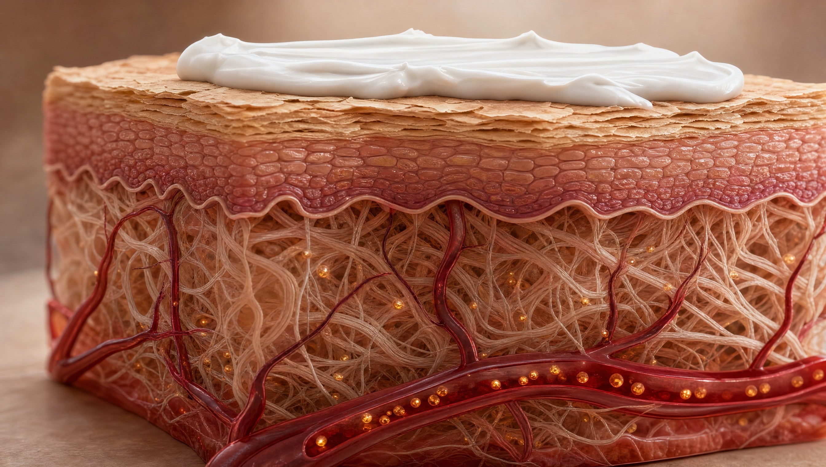 Ein 3D-Hautblock, bei dem die Creme auf der Oberfläche liegen bleibt statt einzudringen, während Partikel über Blutgefäße in der Dermis ankommen