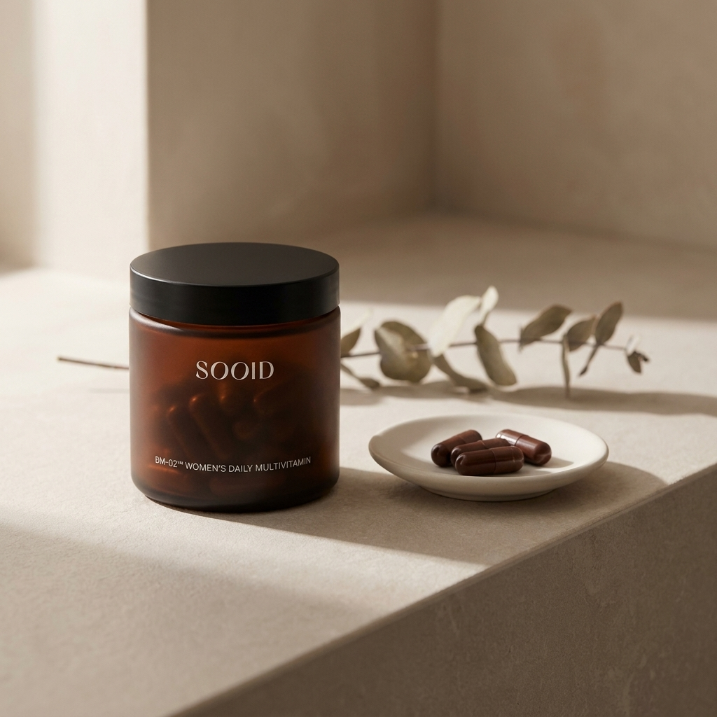 SOOID DM-02 jar on a stone ledge in morning light beside a ceramic dish of capsules